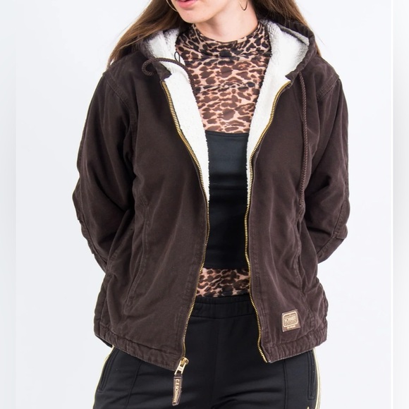 CE Schmidt Workwear Jacket Womens‎ Brown Canvas Sherpa Lined Sz 14-16 - Picture 1 of 10